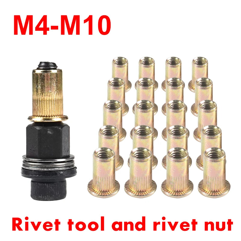A set of M4-M10 rivet tool and rivet nut shown for DIY projects.