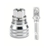 A silver adjustable universal socket wrench set with a hexagonal socket and a corresponding wrench.