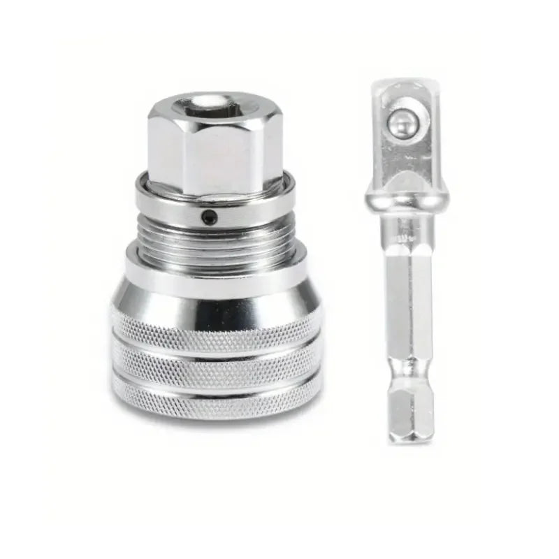 A silver adjustable universal socket wrench set with a hexagonal socket and a corresponding wrench.