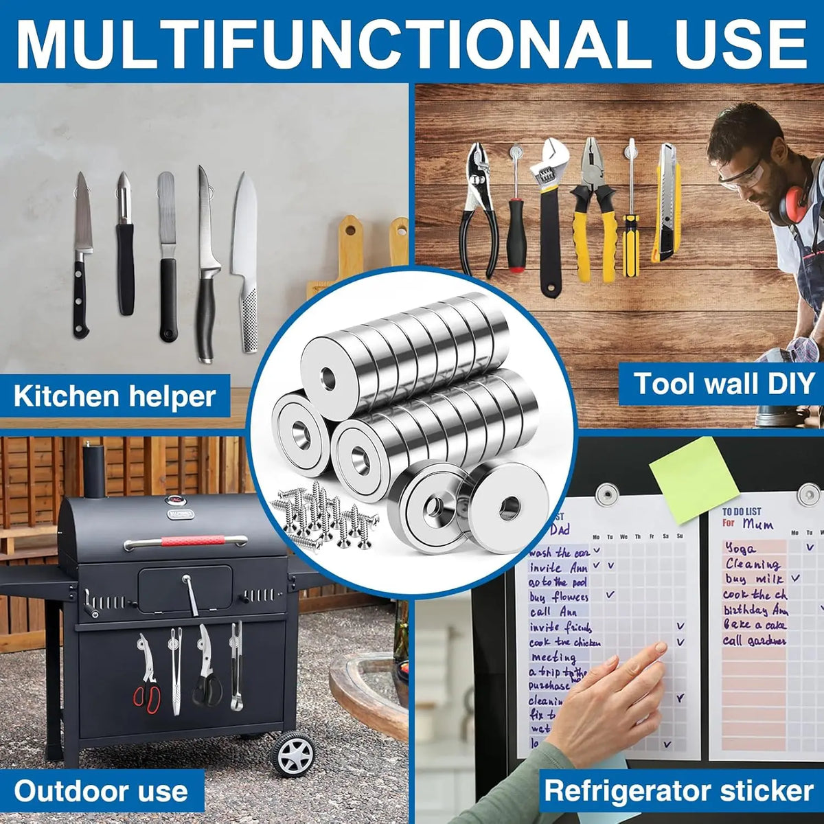 A collection of multi-hole disc magnets and various tools are shown for kitchen, tool DIY, and refrigerator use.