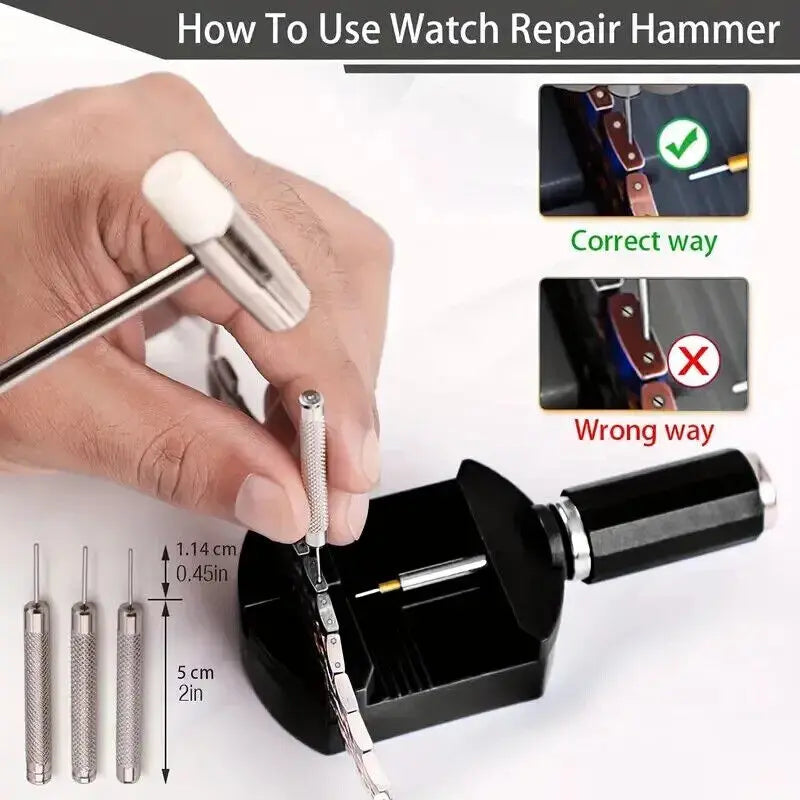 A hand demonstrates the correct and incorrect way to use a watch repair hammer tool kit.