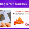 A white velcro screen window is shown being installed on a door, emphasizing mosquito proofing and easy installation.