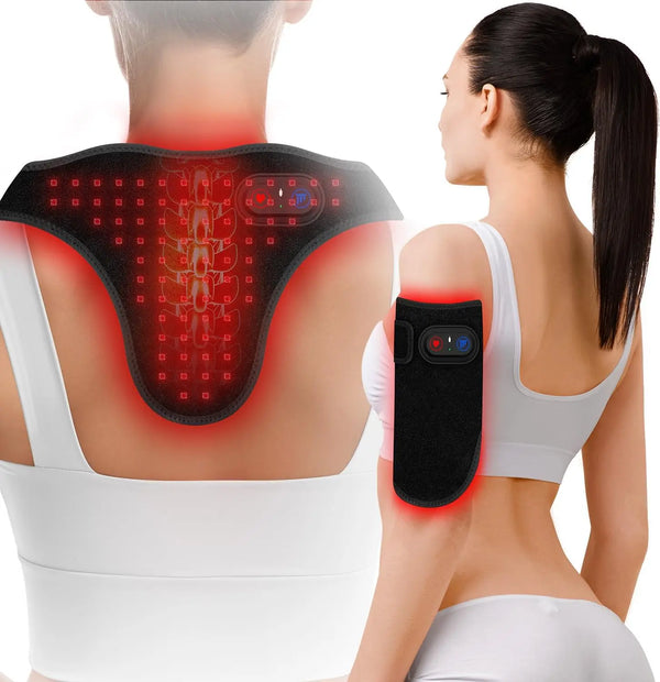 A woman is shown wearing an infrared therapy massage belt on her back, highlighting the targeted area with red light.
