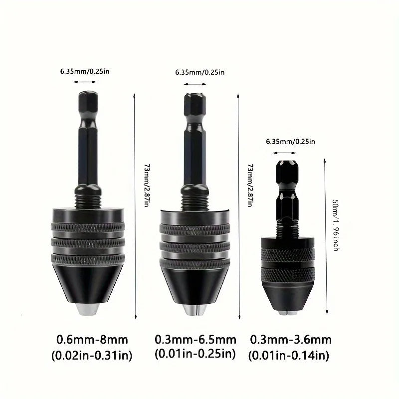 Set Schnellwechsel-Hexzwingen für Bohrmaschinen in Schwarz mit verschiedenen Größen von 0,6 mm bis 3,6 mm.