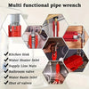 A multi functional pipe wrench set in red and silver, showing various applications like working on kitchen sinks, water heate