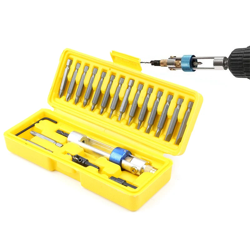 Yellow storage case containing a set of multi-function countersunk drill bits and screwdrivers