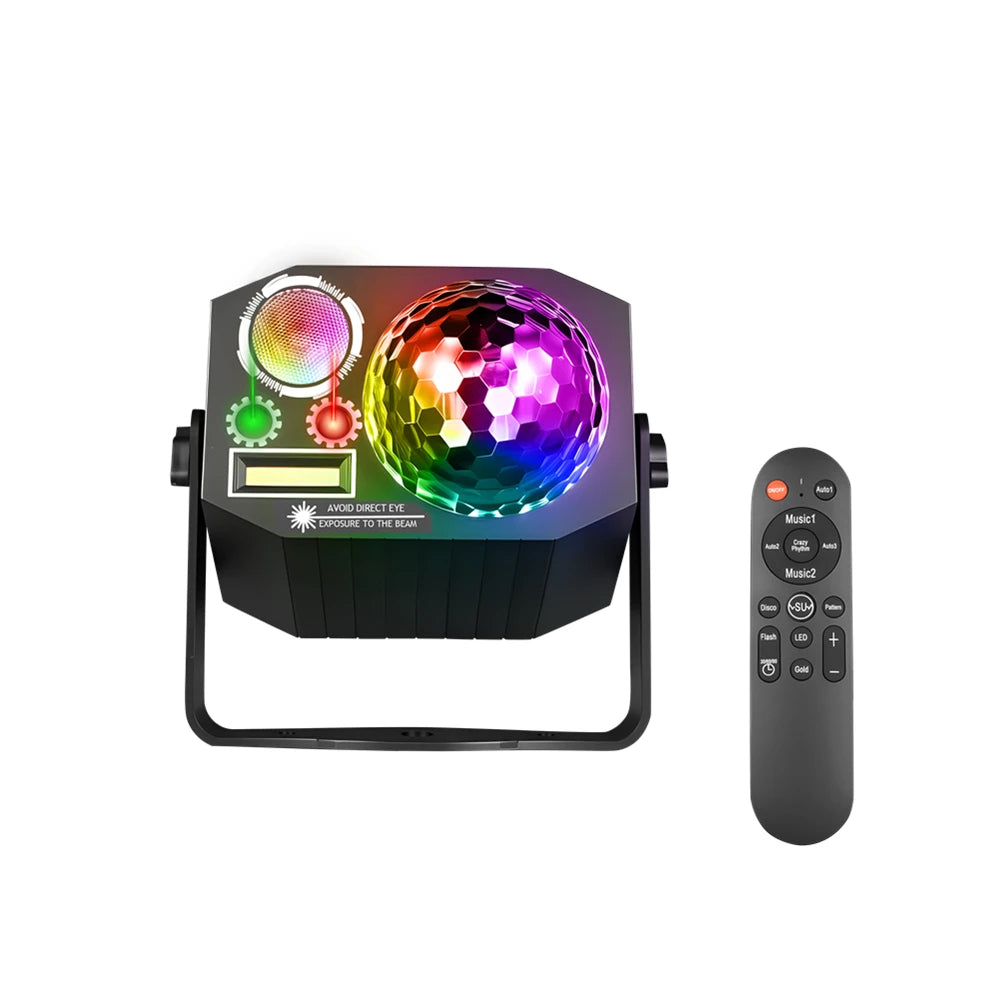 A black LED party light fixture with a disco ball effect and a remote control.