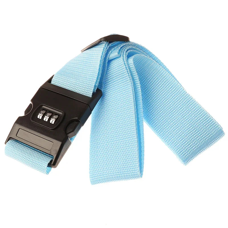 A light blue adjustable luggage strap with a black buckle and password lock feature.