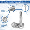 A set of stainless steel self-tapping drilling screws, including a hex washer head and plain finish.