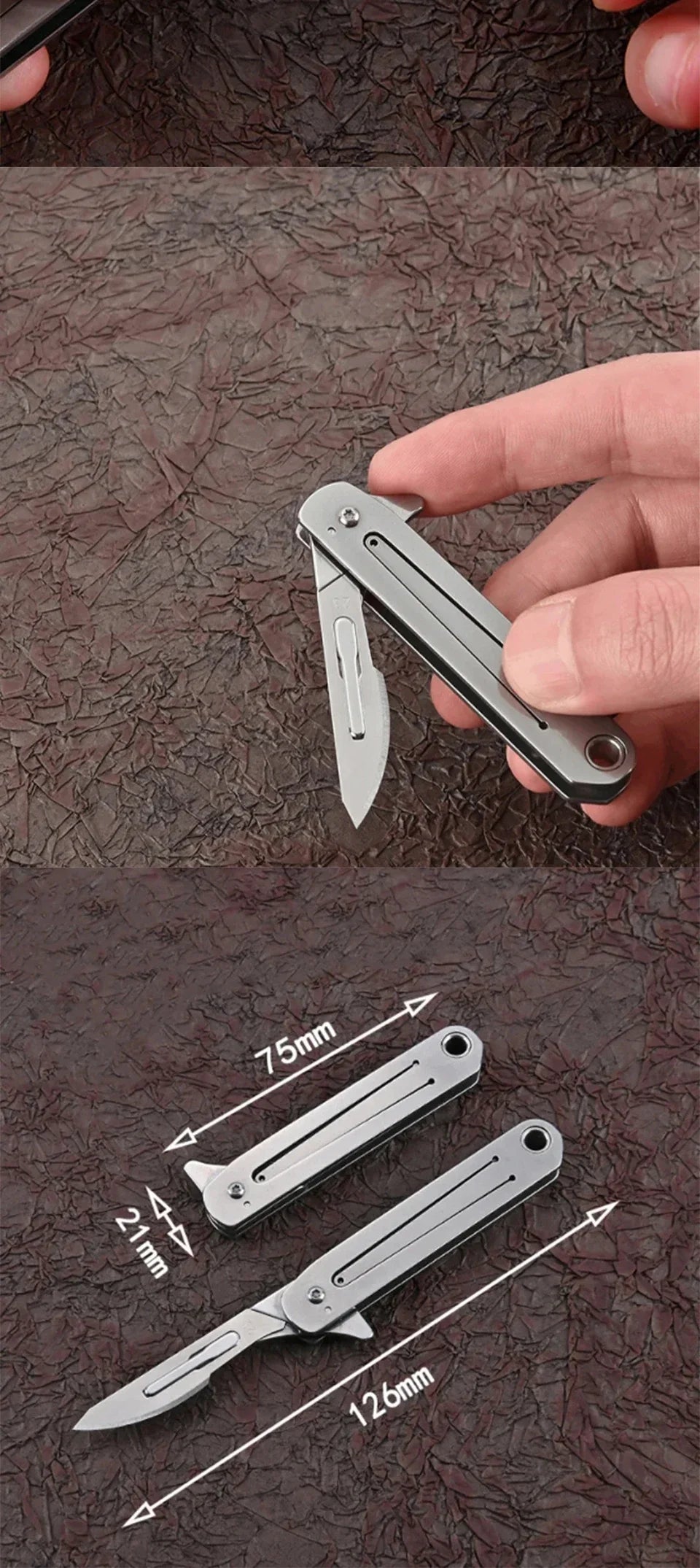 A stainless steel folding keychain knife is shown being held and displayed against a dark textured background.
