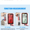 Precision digital multimeter showing AC and DC voltage measurements on a test screen.