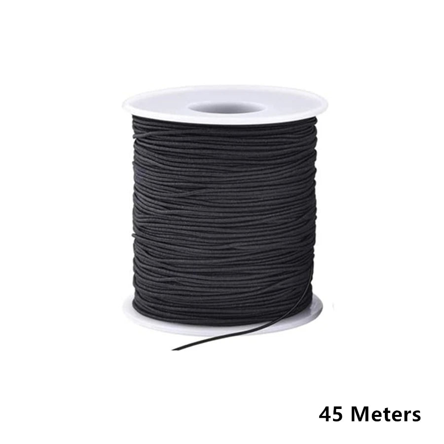 A roll of black stretchy elastic cord for jewelry making, labeled as 45 meters.