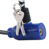 A silver key attached to a black anti-theft cable lock mechanism.