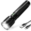 A black ultra-bright rechargeable LED flashlight with a silver lens and a detachable connector.