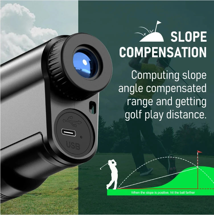A black laser rangefinder device is shown with a lens and USB port, illustrating slope compensation for golf distance measure