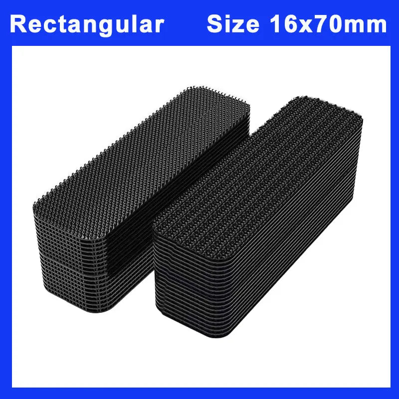 A rectangular black hook and loop strip measuring 16x70mm.