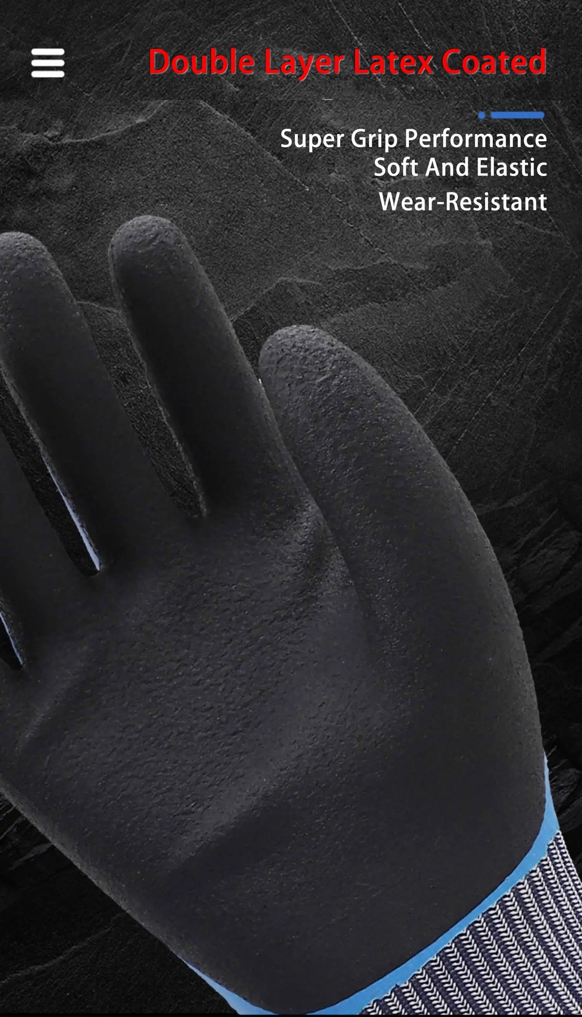 Close-up of a black double layer latex coated work glove with a blue cuff.