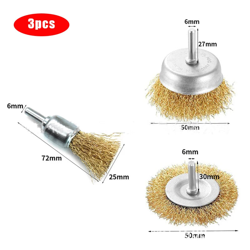 A set of three coarse crimped wire brushes for metal cleaning and surface preparation, shown with various dimensions.