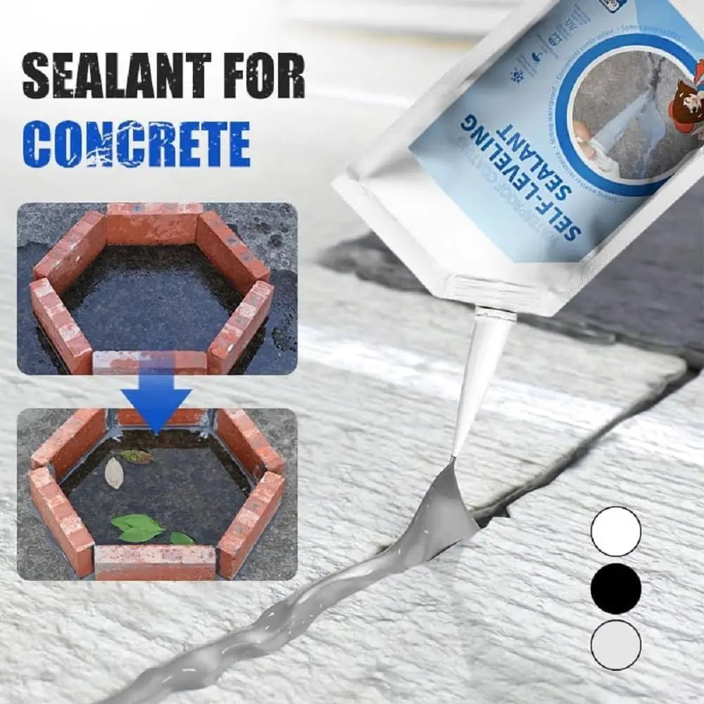 A white sealant for concrete is being applied to repair a crack in a brick frame.