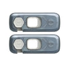 A set of three clear plastic cabinet safety locks for toddlers, featuring a round and oval design.