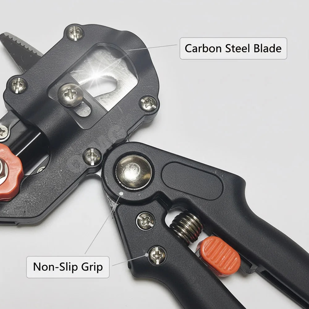 A close-up view of a black professional grafting and pruning set featuring a carbon steel blade and a non-slip grip.