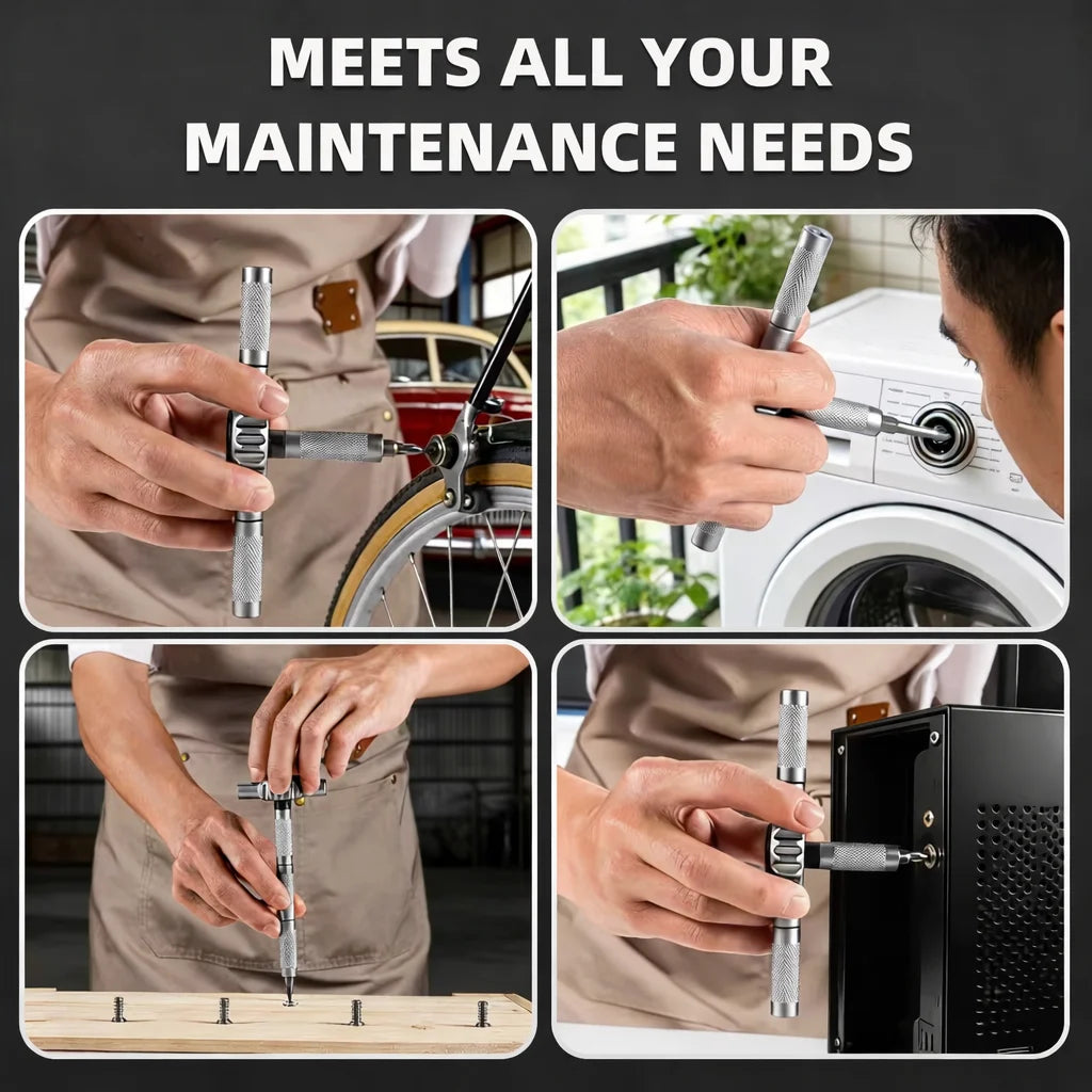 Hands demonstrate a 69-in-1 magnetic ratchet screwdriver kit being used for maintenance tasks.