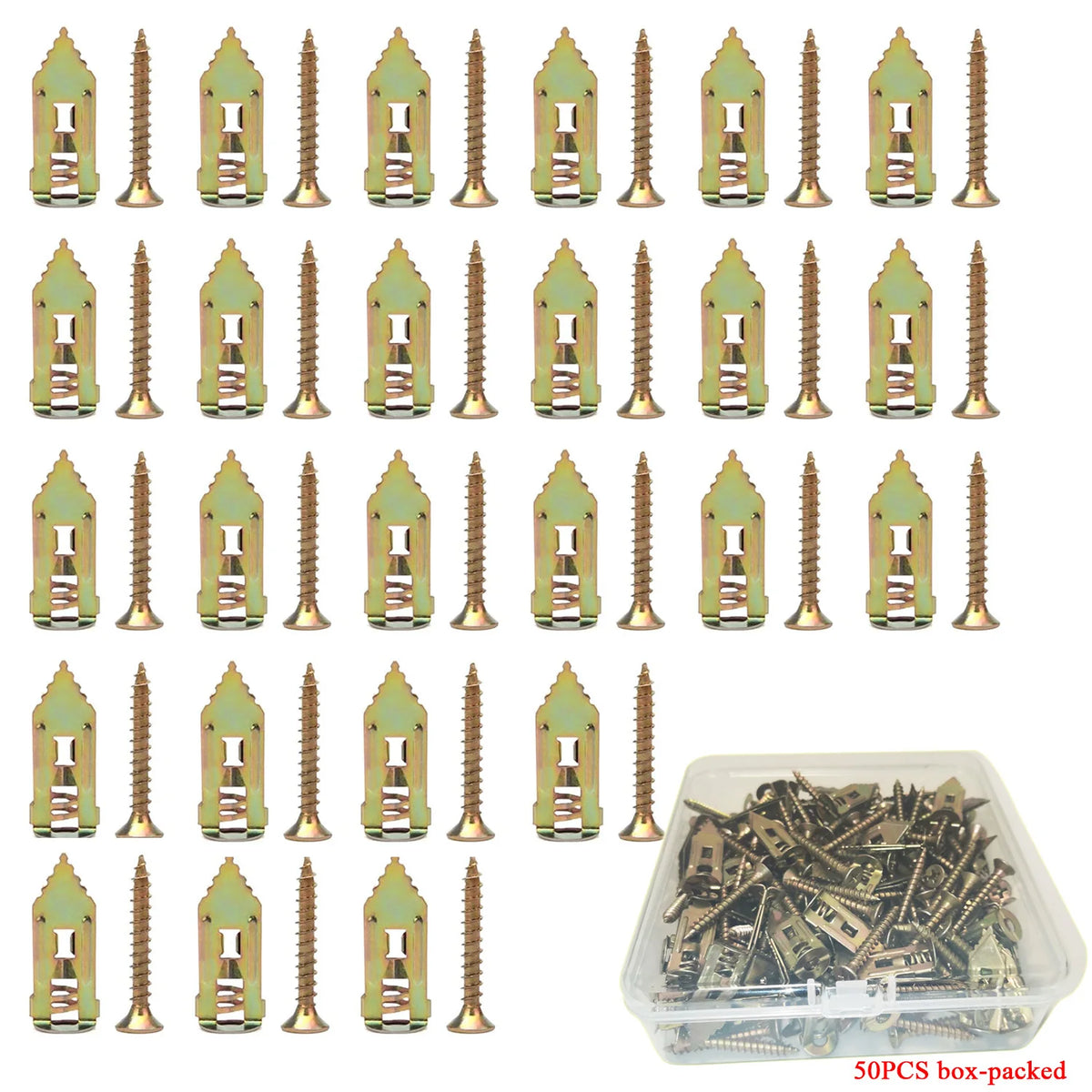 A set of self-drilling drywall anchors and screws packaged in a clear plastic box.