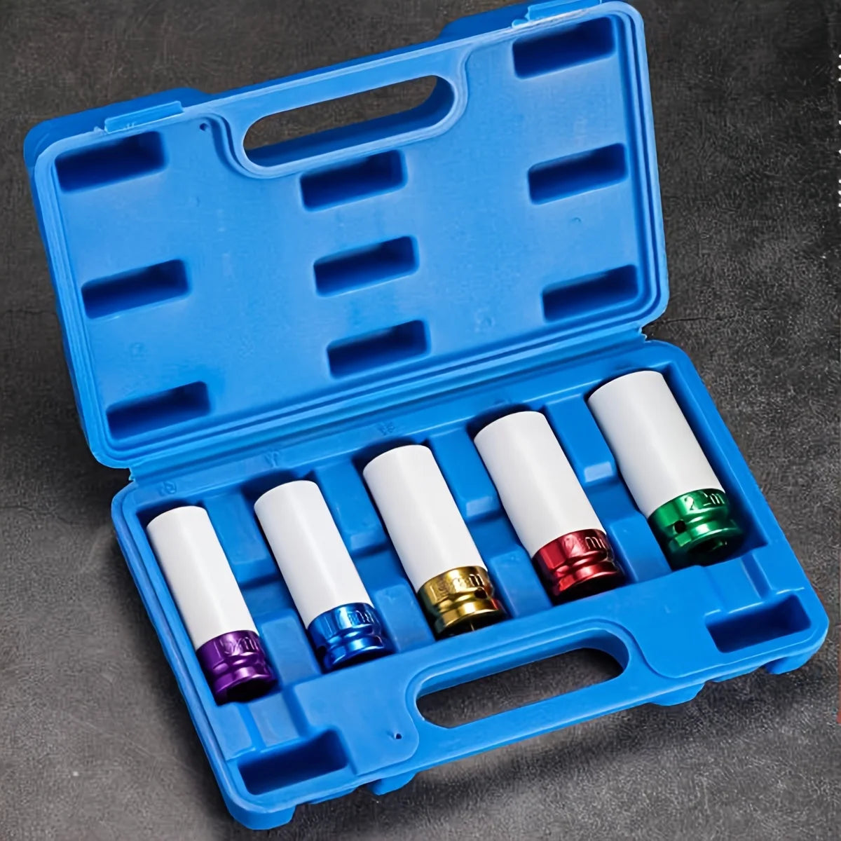 A blue plastic case containing a set of various colored impact sockets for drive wheels.
