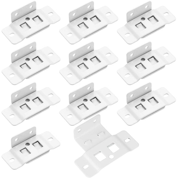 A collection of heavy-duty stainless steel corner brackets for furniture joints, shown in various orientations.