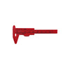 A red precision plastic vernier caliper with a scale marked in millimeters and inches.
