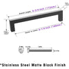A matte black stainless steel cabinet pull with an overall length of 6-3/4 inches and a height of 1-2/5 inches.