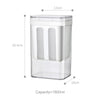 Klarer Plastik-Joghurtfilter und Molkenproteinisolator mit Maßenangaben von 13 cm Höhe und 10 cm Basis.