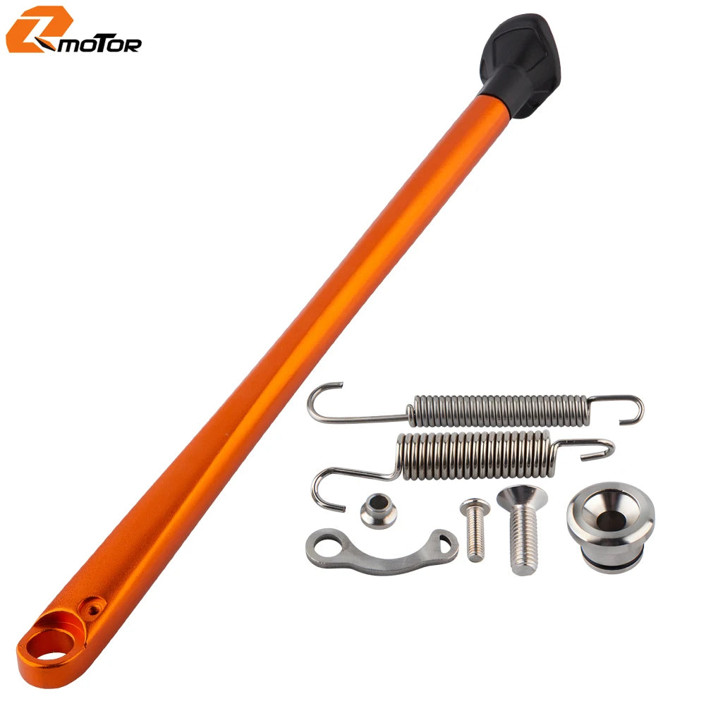 Orange motorcycle side stand kickstand kit with spring and mounting hardware