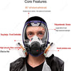 A close-up of an industrial chemical gas respirator with a polycarbonate screen and filter cartridges worn by a person.