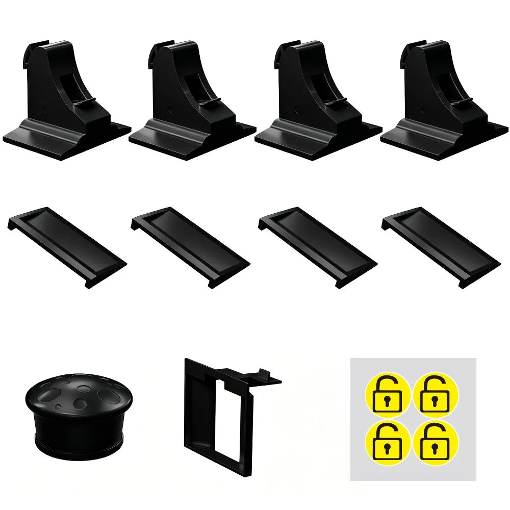 A set of black invisible magnetic child safety locks and a round lock component.