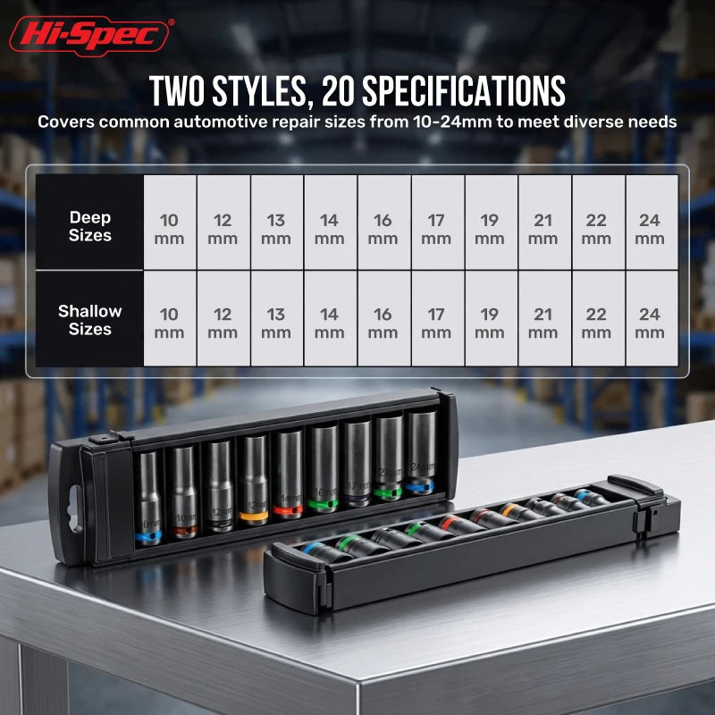 A black storage rack holding various sizes of impact sockets for automotive repairs.