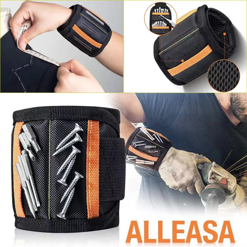 Black magnetic wrist strap tool with various metal tips for DIY and repair work