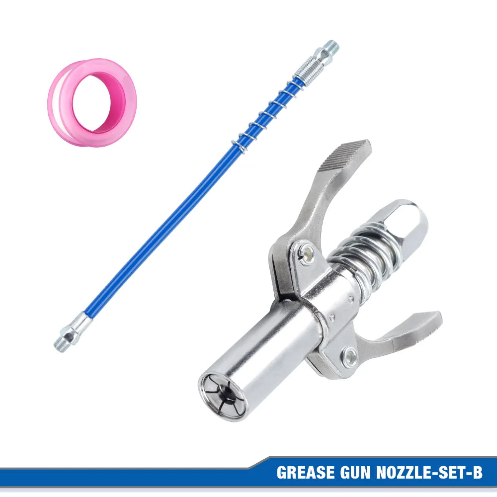 A set of grease gun nozzles and a pink ring are shown for a heavy-duty grease fitting pump.