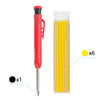 A set of six yellow pencils with red caps and a metal tip inside a clear plastic container.