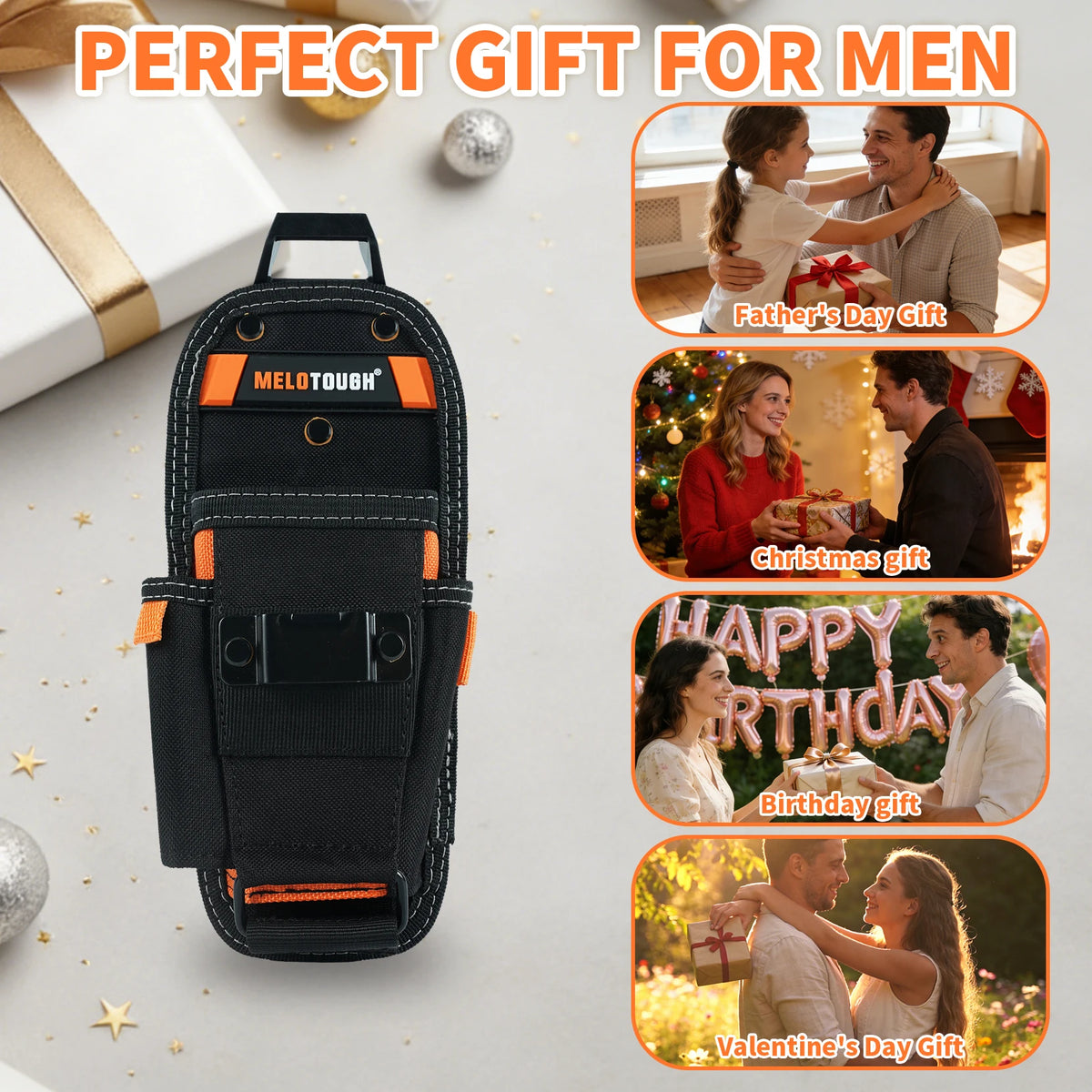 Black tool pouch with an orange belt clip shown alongside various gift ideas for men and women