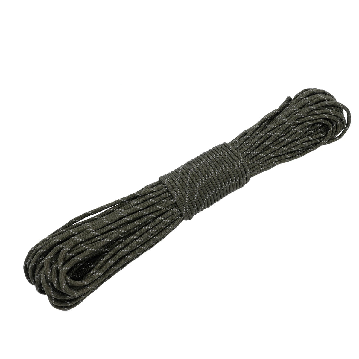 Un paquete de cuerda de paracord reflectante gris oscuro, enrollada y dispuesta.