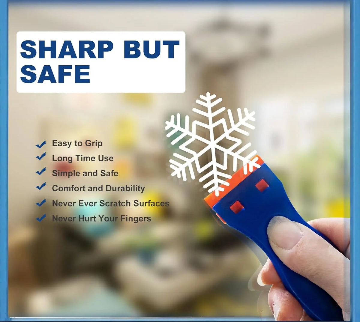 A hand holds a blue multi-surface plastic razor blade scraper with a white snowflake design, emphasizing its sharp yet safe f
