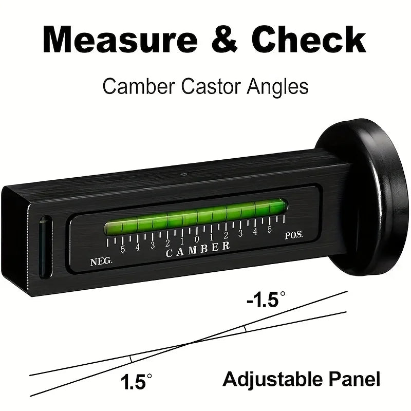 Herramienta de gancho negra para medir y verificar ángulos de camber y castor, con panel ajustable.