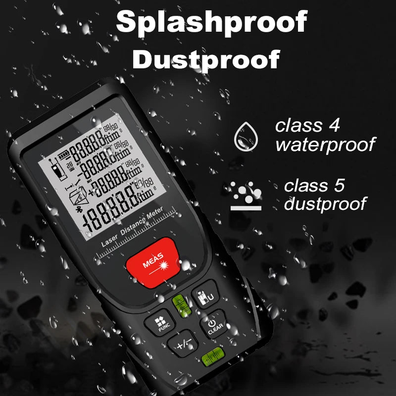 A black laser rangefinder tool is shown with text indicating splashproof and dustproof features.
