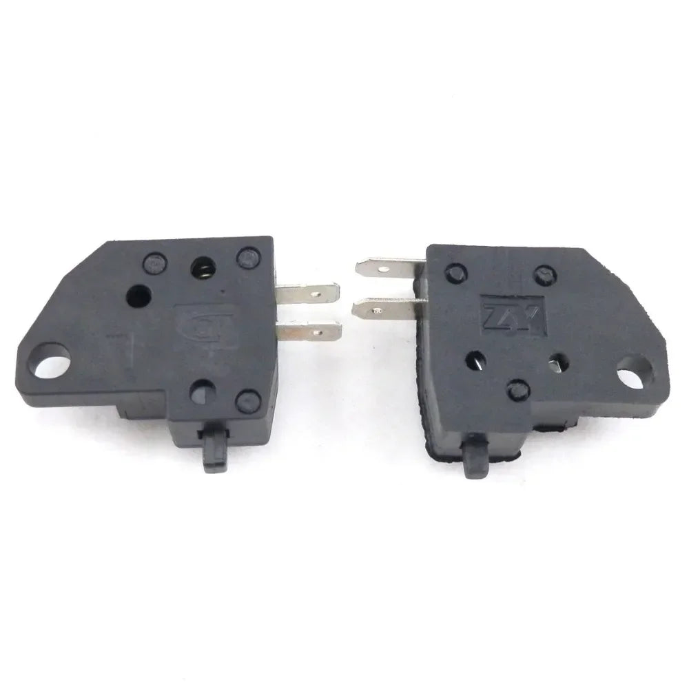 A black universal motorcycle and scooter brake light switch with two electrical connectors.