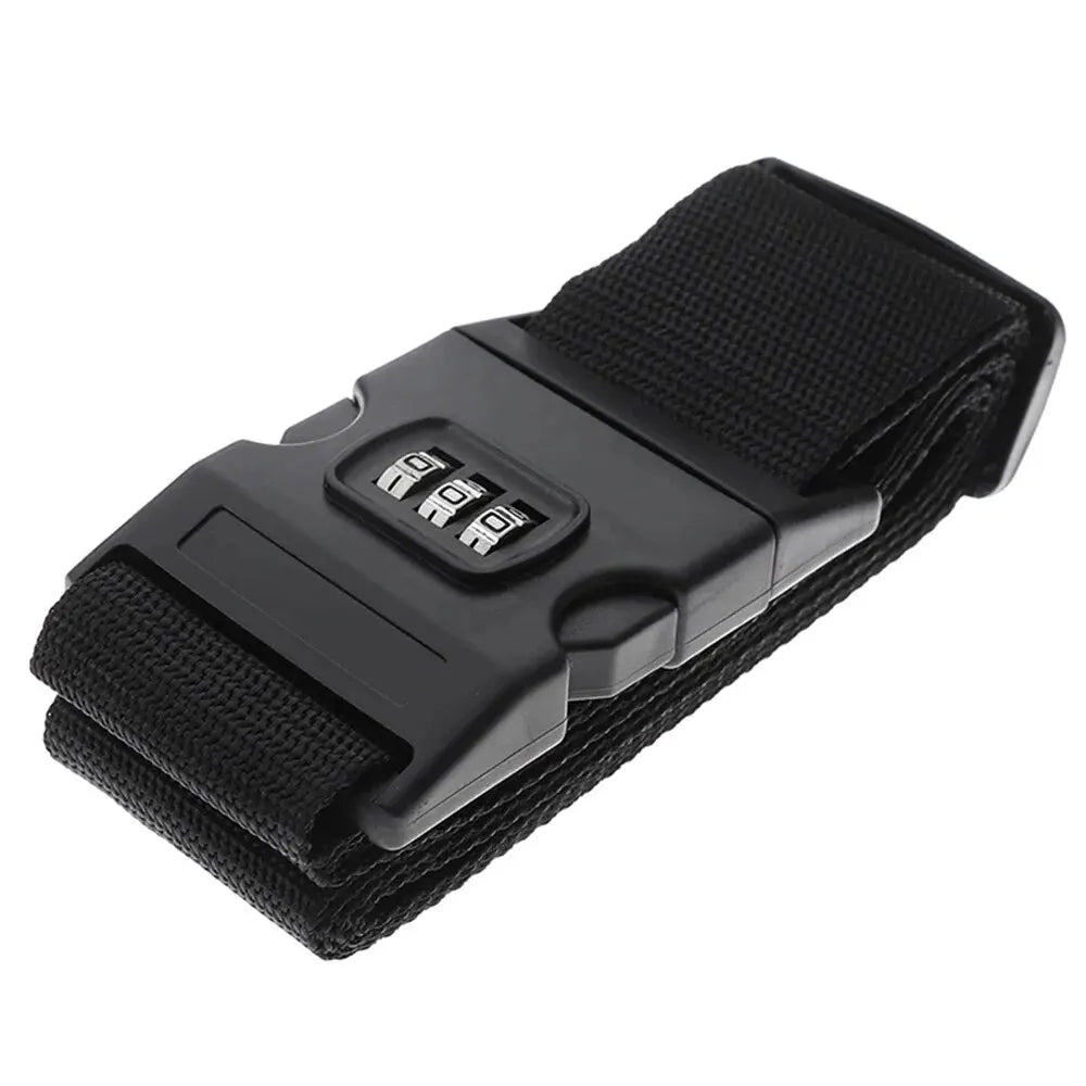 Black adjustable luggage strap with a password lock feature