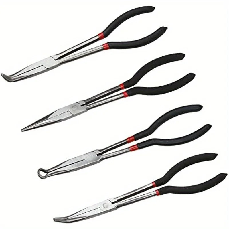 A set of four precision needle nose pliers with black and red handles and silver jaws.