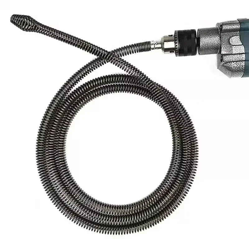 A heavy duty spring sewer cleaning tool with a coiled metal spring and a plastic handle attachment.