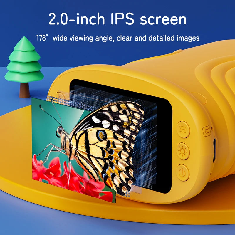 A yellow digital microscope with a 2.0-inch IPS screen is shown displaying a butterfly.