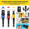 A set of colorful impact grade socket adapters for power drills, showing various sizes like 1/2, 3/8, and 1/4 inch.